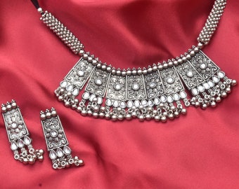 Collier choker oxydé avec ensemble de boucles d’oreilles, argent allemand, afghan traditionnel, bijoux indiens, ensemble de bijoux réglables oxydés.