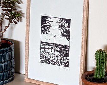 Witterings Beach Original Linocut Print - Handprinted Coastal Wall Art