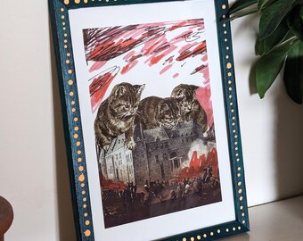 Epic Cat Battle – Retro Collage – Funny Surrealist Art Print