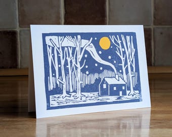 Winter Cabin Lino Print Christmas Card