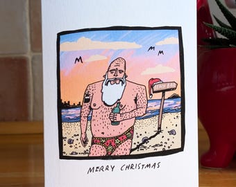 Santa Claus Illustration - Funny Beach Christmas Card