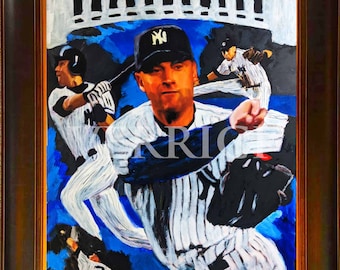 Reusachtig!! Derek Jeter New York Yankees gesigneerd door de kunstenaar Verrici Art 24x36 Baseball Artwork