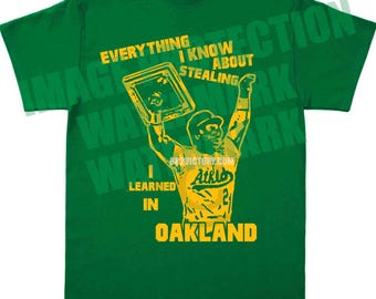 Todo lo que sé sobre el robo lo aprendí en Oakland Camiseta Rickey Henderson Camiseta, Oakland Alameda Coliseum, vender equipo john fisher