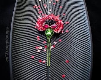 Beaded Poppy Flower Brooch | Handcrafted Floral Jewelry