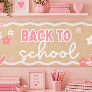 May include: A rectangular banner with a tan background and white wavy borders featuring the text BACK TO SCHOOL in pink and white. The design includes illustrations of pink notebooks, a pencil with a bow, and flowers on a light pink wall.