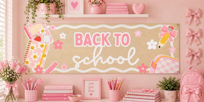 May include: A rectangular banner with a tan background and white wavy borders featuring the text BACK TO SCHOOL in pink and white. The design includes illustrations of pink notebooks, a pencil with a bow, and flowers on a light pink wall.