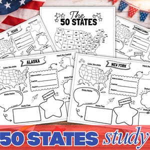 Könnte beinhalten: Eine Sammlung von Arbeitsblättern zum Lernen über die 50 US-Bundesstaaten. Jede Seite enthält eine Karte der Vereinigten Staaten, den Umriss eines bestimmten Bundesstaates sowie leere Felder für Abkürzung, Hauptstadt, Region, Motto, Blume und Vogel.