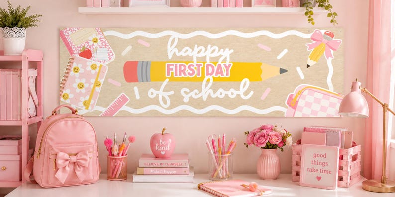 May include: A rectangular banner featuring a tan background with white wavy lines, a large yellow pencil, and the text "happy FIRST DAY of school" in white and pink. The design includes illustrations of pink notebooks, a pencil with a bow, and a ruler.
