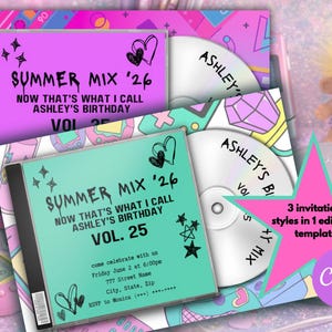 Puede incluir: Diseño de invitación digital con estuches estilo CD, con el texto "SUMMER MIX '26" y "ASHLEY'S BIRTHDAY." El diseño incluye una estrella rosa con el texto "3 estilos de invitación en 1 plantilla editable" y el logotipo de Canva. Estética retro.