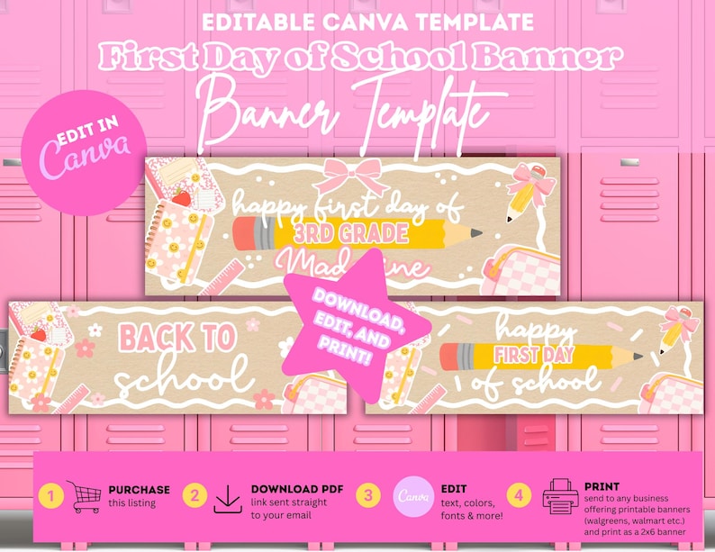 May include: An editable Canva template for a First Day of School banner featuring a beige background with pink scalloped edges, yellow pencils, pink bows, and school supplies. The text reads Happy First Day of School, 3rd Grade, and Madeline.