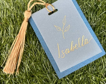 Navy Gold Vellum and Tassel Place Cards and Wedding Favours - Handwritten Calligraphy