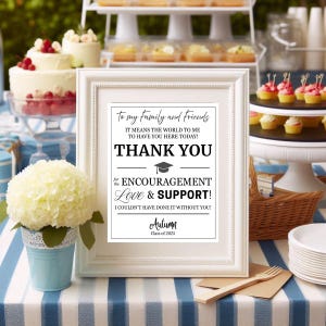 May include: A white framed sign with black text that reads "Thank You" and "Love & Support!" on a blue and white striped tablecloth. The sign is part of a graduation celebration, with cakes and cupcakes in the background.