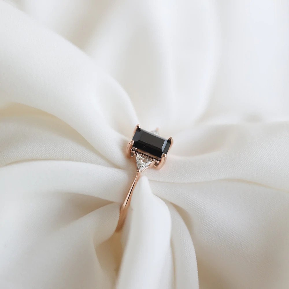 Black Onyx Engagement Ring Emerald Cut 14K Rose Gold - Etsy