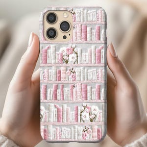 Borduurwerk Book Lover-telefoonhoesje, Cottagecore Pink Floral Esthetic Case, Book Club, iPhone 16 15 14 13 12 11 8 Pro Max Plus, Samsung, Pixel