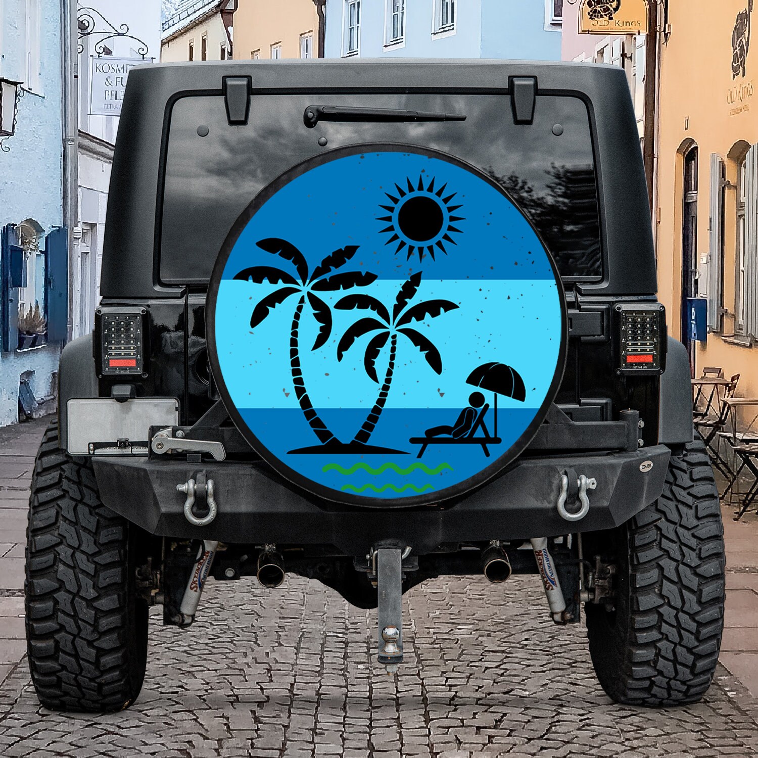 Moslion Beach Spare Tire Cover Summer Beach Palm Tree Ocean Waves Seagull Surfing in Sea Waterproof Wheel Covers for Jeep Trailer RV SUV Truck Car Vehicles 14 Inch Blue Yellow 