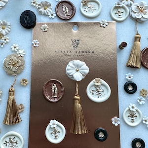 de mariage d'amoureux | Lot de 5 autocollants anciens en cire, peints à la main, vintage, fleurs en tissu avec pampille, emballage cadeau, antiquité, faire-part