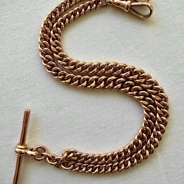 Antique 9ct Solid Gold Albert Chain | Fetter Forbes, Crispy Hallmarked Links, Dog Clips, T-Bar