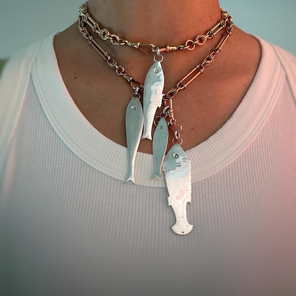 Conjunto de 4 pingentes de peixe vintage em prata de lei maciça