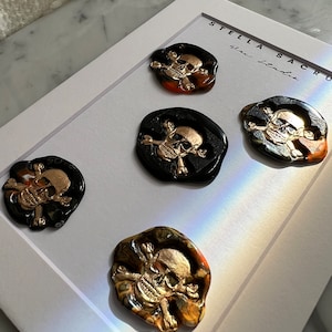 Crânio Halloween, conjunto de 5 adesivos, selo de cera, autoadesivo, pintado à mão, selo de carta personalizado, convite, festa, lembrancinhas, presente, preto
