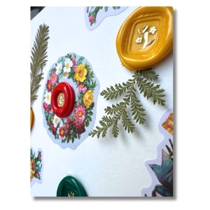 Tarjeta de felicitación con juego de 4 pegatinas de sello de cera antiguo, cartón en blanco, follaje seco, pintado a mano, No me olvides, regalo, invitación, envoltorio