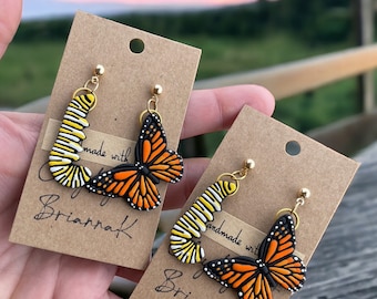 Monarch Butterfly and caterpillar asymmetrical polymer clay earrings! ( 1 pair ) | nature | butterflies | monarch lover | handmade jewelry |