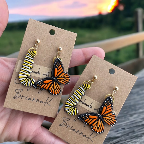 Monarch Butterfly and caterpillar asymmetrical polymer clay earrings! ( 1 pair ) | nature | butterflies | monarch lover | handmade jewelry |