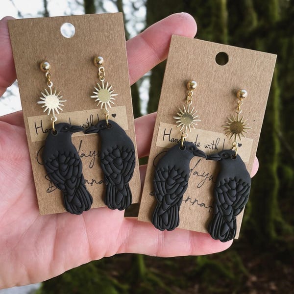 Crow / Raven polymer clay earrings! (1 pair) | birds | animals | nature | outdoors | gifts | handmade jewelry |