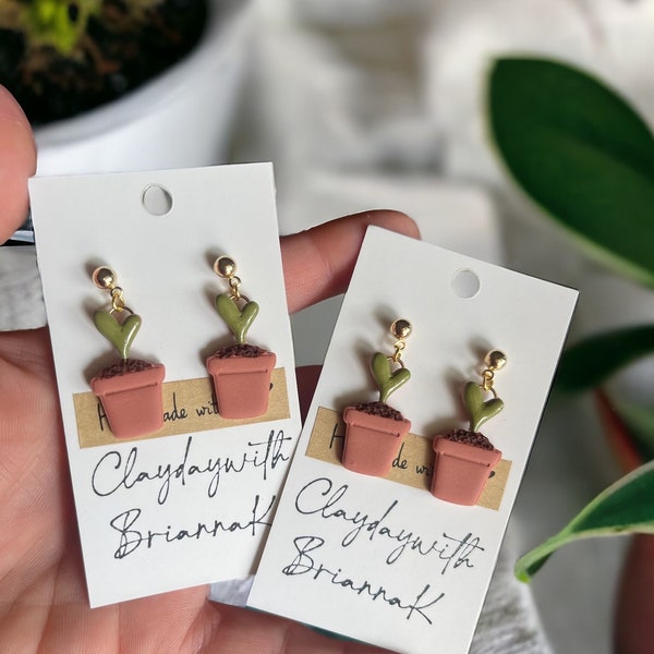 Heart potted plant polymer clay earrings! (1 pair) | plants | botanical | handmade jewelry |