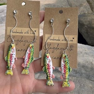 SUPER Rainbow Trout long “fishing line” polymer clay fish earrings! (1 pair) | nature | outdoors | fishing | gifts | handmade jewelry |