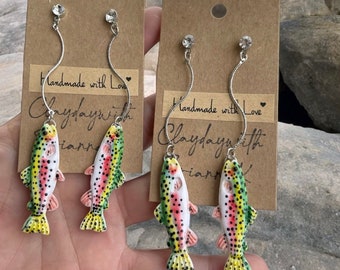 SUPER Rainbow Trout long “fishing line” polymer clay fish earrings! (1 pair) | nature | outdoors | fishing | gifts | handmade jewelry |