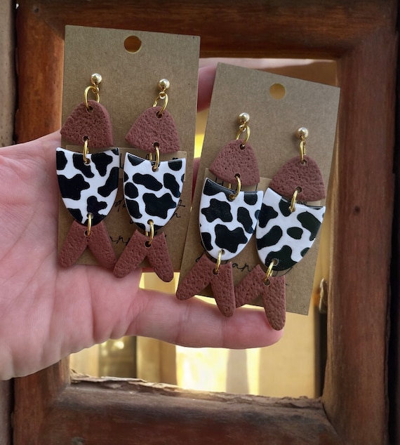 Handmade Earrings Cow Print Polymer Clay Earrings Western Turquoise Cowhead Handmade Lightweight Polymer Clay