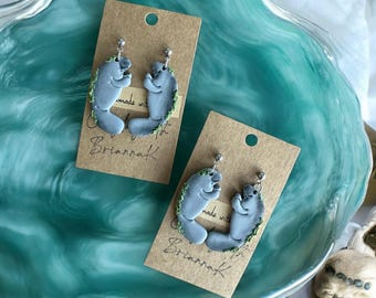 Manatee with algae on it polymer clay earrings! (1 pair) | nature lovers | animals | gifts | handmade jewelry |