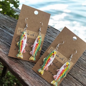 SUPER rainbow trout dangle polymer clay earrings! (1 pair) | fish | nature | outdoors | gifts | handmade jewelry |
