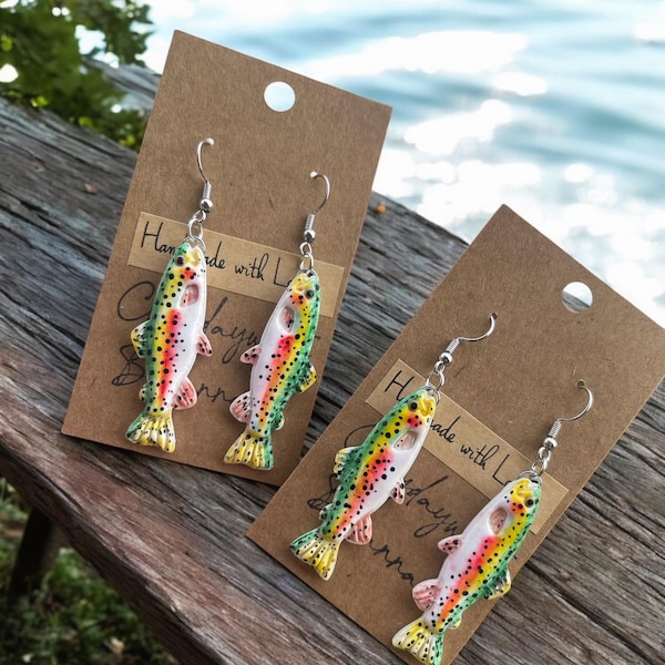 SUPER rainbow trout dangle polymer clay earrings! (1 pair) | fish | nature | outdoors | gifts | handmade jewelry |