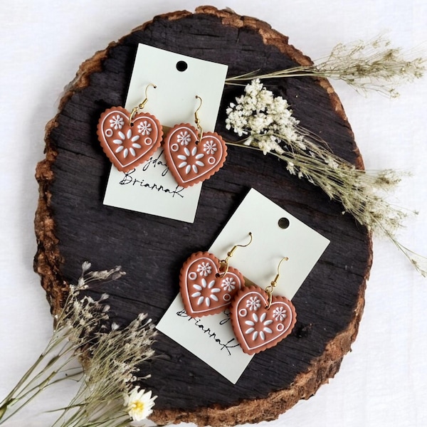 Boho style Terracotta inspired polymer clay folk art heart earrings! (1 pair) | gifts | handmade jewelry |