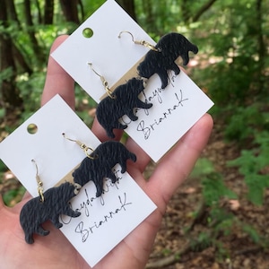 May include: A pair of black bear silhouette earrings with gold hooks. The earrings are on white cards with the text "Clayda with Briannak" written on them.