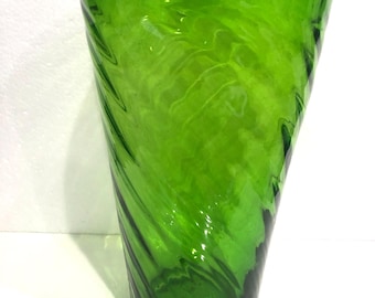 Czech Bohemia Emerald Green Vase Hand Blown Swirled Large 11.25” Tall Rare