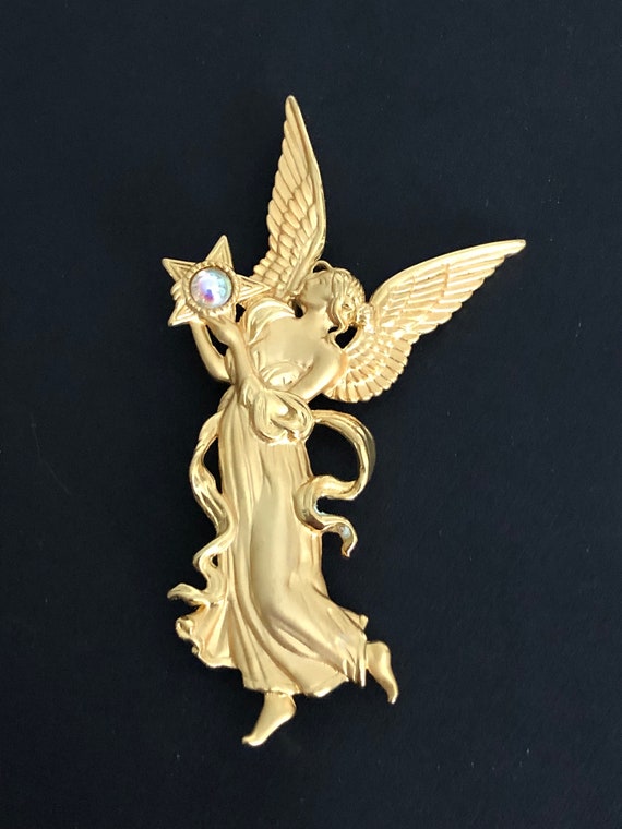 Vintage JJ Jonette Brushed Gold Tone Angel Brooch… - image 1