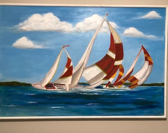 Sailboat Painting, Acrylic on Canvas, Framed Original Art (60"x40")