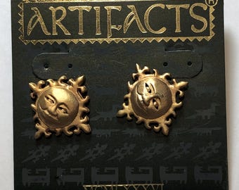 Sun Face Artifacts Stud Post Goldtone Earrings by JJ c1986