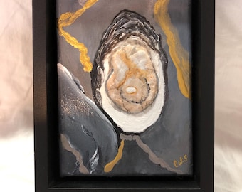 Oyster Painting: Original Acrylic on Canvas, Framed Coastal Art (5x7)