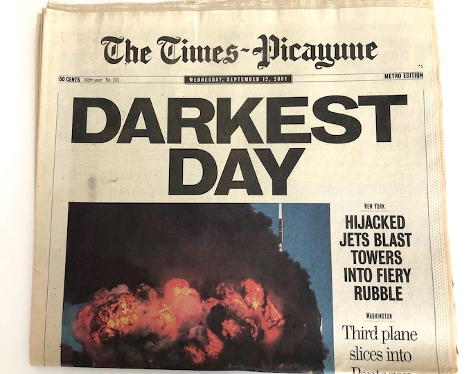 Featured listing image: 9/11 Times Picayune Newspaper Collection: "Darkest Hour", "Searching", "A Quiet Anger" Headlines