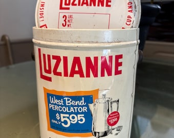 Luzianne Coffee Tin Vintage 3LB White Lithograph West Blend Percolator Ad on Logo