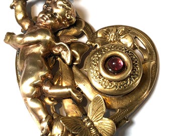 Art Nouveau Cupid Brooch Locket: Heart, Butterflies, Pink Stone