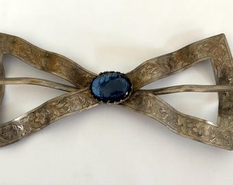Vintage Victorian  Belt/Sash Buckle Silvertone with Blue Glass Foiled Bezeled Accent Stone