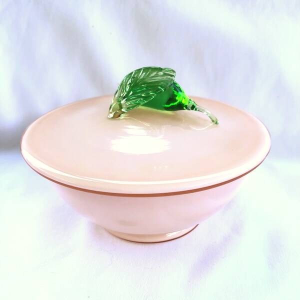 Pink Cased Glass Bowl with Lid: Handblown Green Pear Handle