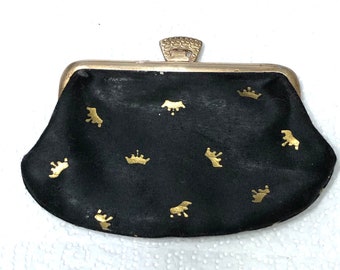 Vintage  1950's Fabric Lewis Coin Purse Satin with Crown Embellishments