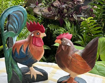 Rooster Hen Folk Ark Primitive Handcrafted Chicken Pair Wooden Sculptures