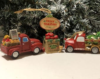Christmas Village Truck Farmers Vegetable 3 Ornaments