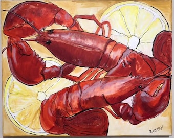 Original Art “Lobster With Lemons”,  Large Acrylic Painting on Canvas Artist Signed